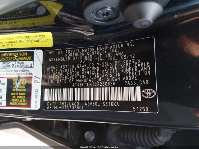 2012 Toyota Camry Xle მანქანა იყიდება აუქციონზე, vin: 4T4BF1FK1CR250836, აუქციონის ნომერი: 45727034