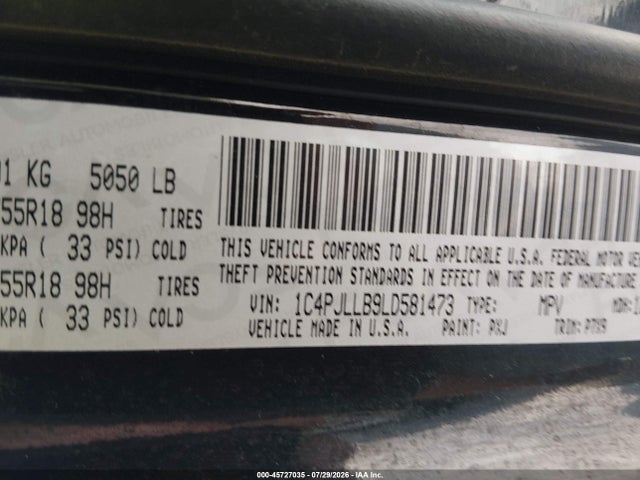 2020 Jeep Cherokee Altitude Fwd მანქანა იყიდება აუქციონზე, vin: 1C4PJLLB9LD581473, აუქციონის ნომერი: 45727035