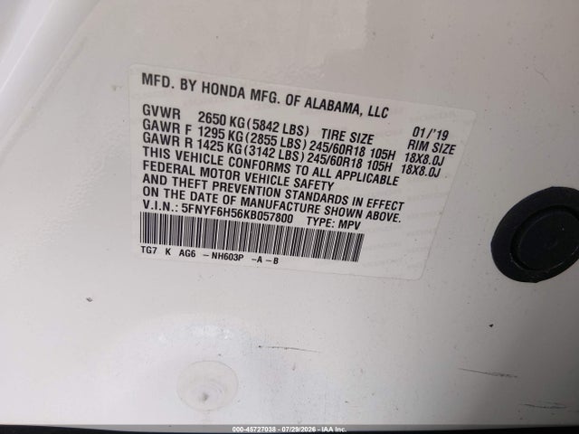 45727038 :رقم المزاد ، 5FNYF6H56KB057800 vin ، 2019 Honda Pilot Ex-l مزاد بيع