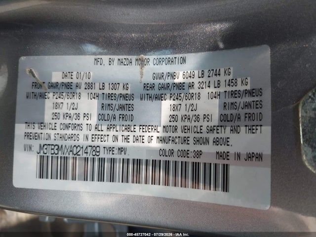 Aukcja sprzedaży 2010 Mazda Cx-9 Touring, vin: JM3TB3MVXA0214789, numer aukcji: 45727042