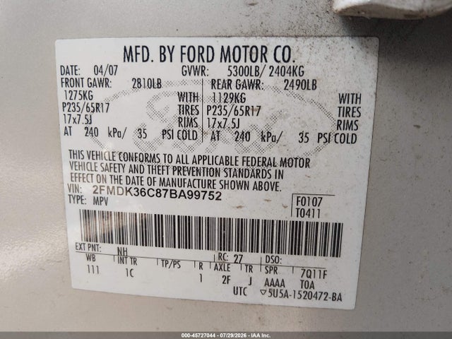 2007 Ford Edge Se მანქანა იყიდება აუქციონზე, vin: 2FMDK36C87BA99752, აუქციონის ნომერი: 45727044
