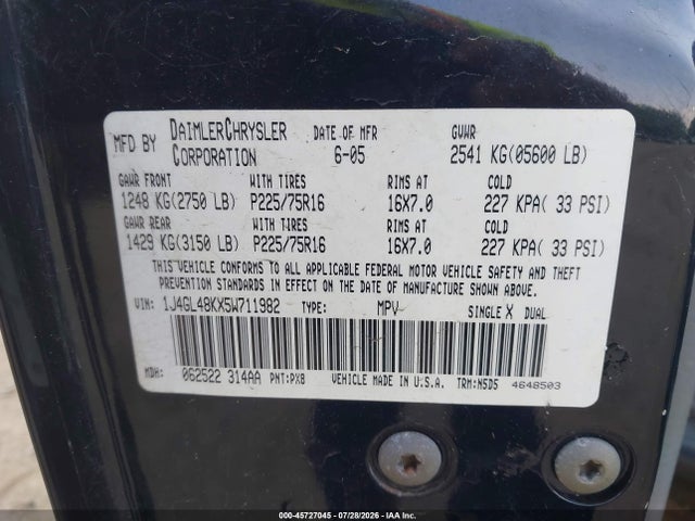 2005 Jeep Liberty Sport მანქანა იყიდება აუქციონზე, vin: 1J4GL48KX5W711982, აუქციონის ნომერი: 45727045