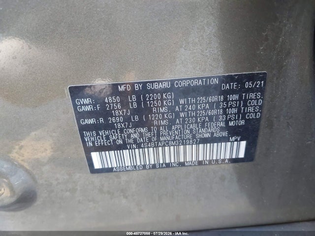 45727058 :رقم المزاد ، 4S4BTAPC8M3219827 vin ، 2021 Subaru Outback Touring مزاد بيع
