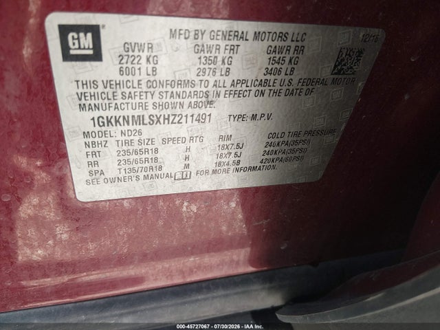 Продажа на аукционе авто 2017 Gmc Acadia Slt-1, vin: 1GKKNMLSXHZ211491, номер лота: 45727067