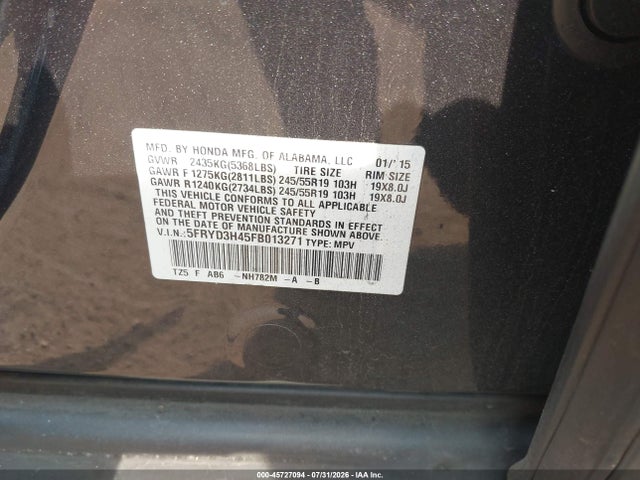45727094 :رقم المزاد ، 5FRYD3H45FB013271 vin ، 2015 Acura Mdx Technology Package مزاد بيع