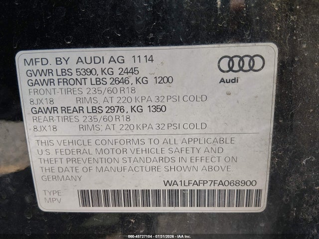Продажа на аукционе авто 2015 Audi Q5 2.0t Premium, vin: WA1LFAFP7FA068900, номер лота: 45727104