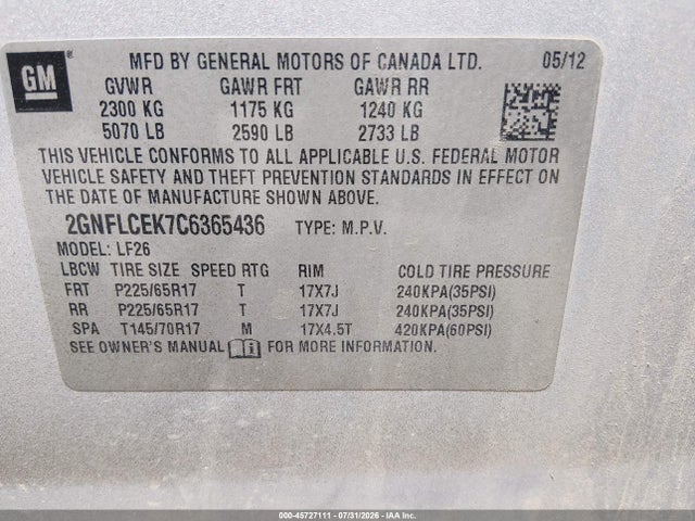45727111 :رقم المزاد ، 2GNFLCEK7C6365436 vin ، 2012 Chevrolet Equinox Ls مزاد بيع