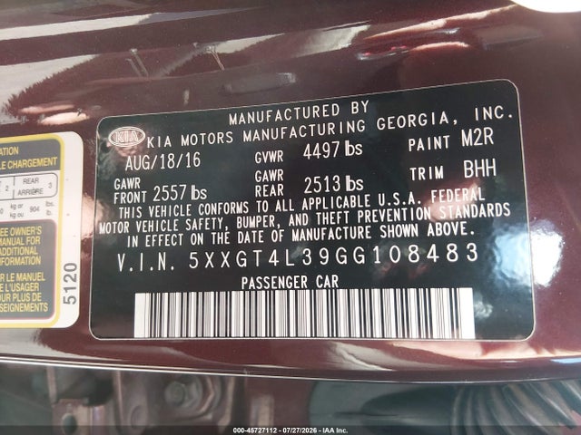 45727112 :رقم المزاد ، 5XXGT4L39GG108483 vin ، 2016 Kia Optima Lx مزاد بيع