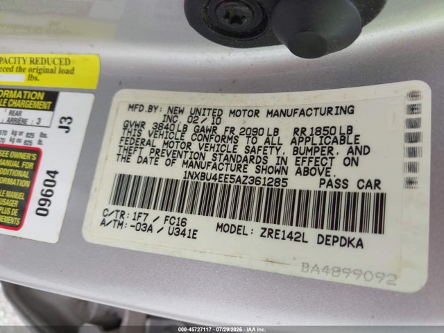 45727117 :رقم المزاد ، 1NXBU4EE5AZ361285 vin ، 2010 Toyota Corolla Le مزاد بيع