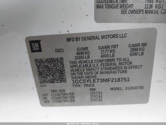 1GC5YLE73MF218751 Chevrolet Silverado 2500hd 4wd Standard Bed Wt