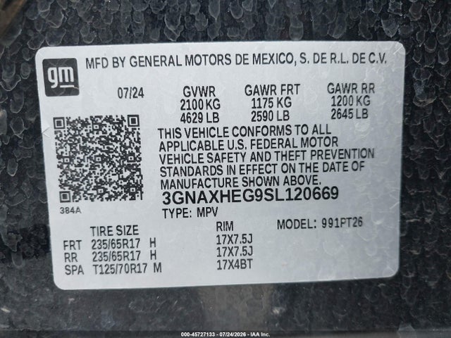 Продажа на аукционе авто 2025 Chevrolet Equinox Fwd Lt, vin: 3GNAXHEG9SL120669, номер лота: 45727133