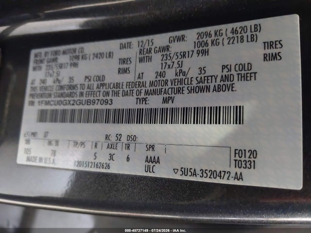 2016 Ford Escape Se მანქანა იყიდება აუქციონზე, vin: 1FMCU0GX2GUB97093, აუქციონის ნომერი: 45727149