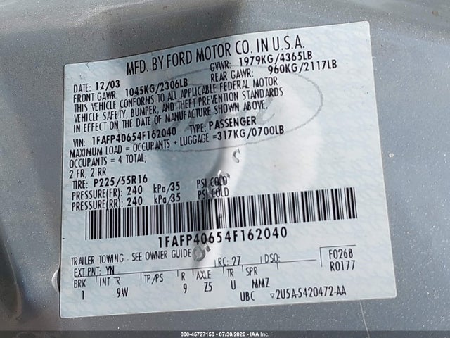 Aukcja sprzedaży 2004 Ford Mustang, vin: 1FAFP40654F162040, numer aukcji: 45727150