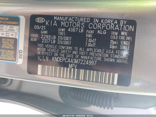 45727165 :رقم المزاد ، KNDEPCAA1M7224997 vin ، 2021 Kia Seltos Lx مزاد بيع