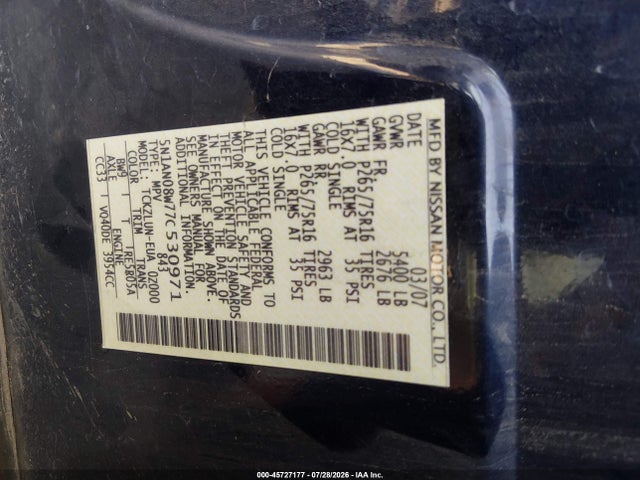 45727177 :رقم المزاد ، 5N1AN08W77C530971 vin ، 2007 Nissan Xterra Off Road مزاد بيع