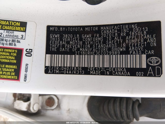 Продажа на аукционе авто 2014 Toyota Corolla Le, vin: 2T1BURHE3EC029989, номер лота: 45727178