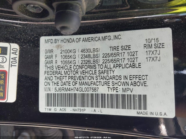 Honda Cr-v Ex-l 2016 5J6RM4H74GL007587 Image 9