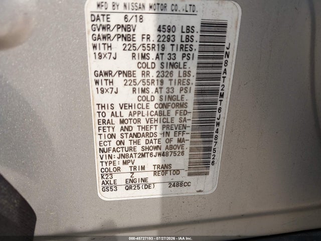 Продаж на аукціоні авто 2018 Nissan Rogue Sl, vin: JN8AT2MT6JW487526, номер лоту: 45727193