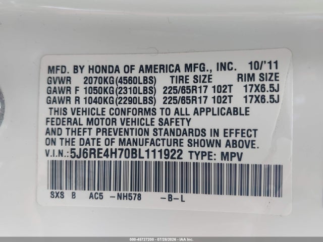 45727200 :رقم المزاد ، 5J6RE4H70BL111922 vin ، 2011 Honda Cr-v Ex-l مزاد بيع