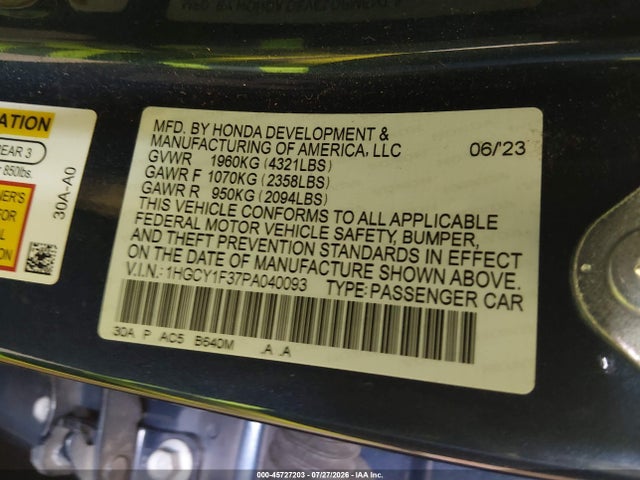 2023 Honda Accord Ex მანქანა იყიდება აუქციონზე, vin: 1HGCY1F37PA040093, აუქციონის ნომერი: 45727203