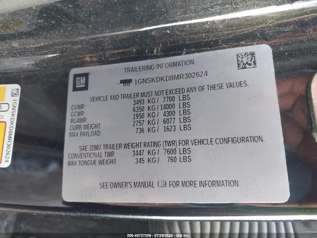 2021 Chevrolet Suburban 4wd Z71 მანქანა იყიდება აუქციონზე, vin: 1GNSKDKD8MR302624, აუქციონის ნომერი: 45727206