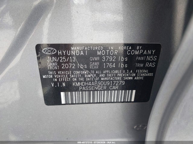 45727210 :رقم المزاد ، KMHDH4AE9DU917279 vin ، 2013 Hyundai Elantra Limited مزاد بيع