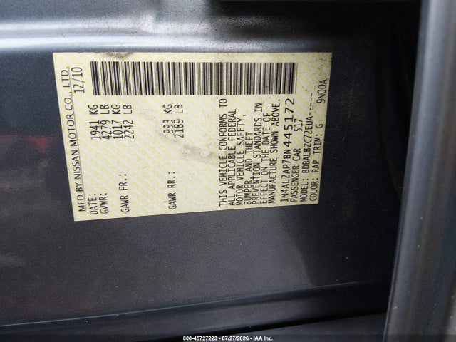 Продаж на аукціоні авто 2011 Nissan Altima 2.5 S, vin: 1N4AL2AP7BN445172, номер лоту: 45727223