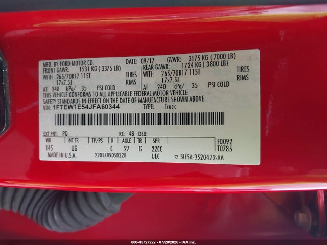 45727227 :رقم المزاد ، 1FTEW1E54JFA60344 vin ، 2018 Ford F-150 Xlt مزاد بيع