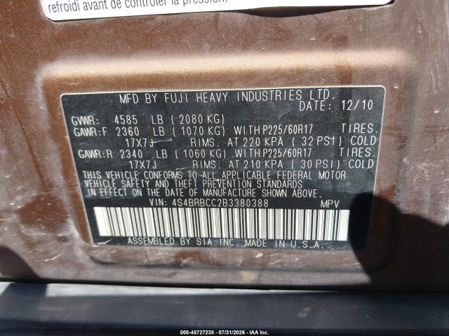 45727238 :رقم المزاد ، 4S4BRBCC2B3380388 vin ، 2011 Subaru Outback 2.5i Premium مزاد بيع