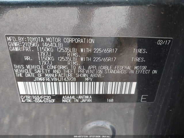 Aukcja sprzedaży 2017 Toyota Rav4 Xle, vin: JTMRFREV8HJ143928, numer aukcji: 45727239