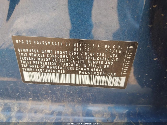 Aukcja sprzedaży 2018 Volkswagen Golf Alltrack Tsi S/tsi Se/tsi Sel, vin: 3VWH17AU1JM768835, numer aukcji: 45727249