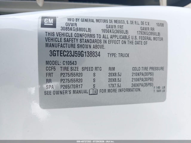 Aukcja sprzedaży 2009 Gmc Sierra 1500 Sle, vin: 3GTEC23J59G138834, numer aukcji: 45727252