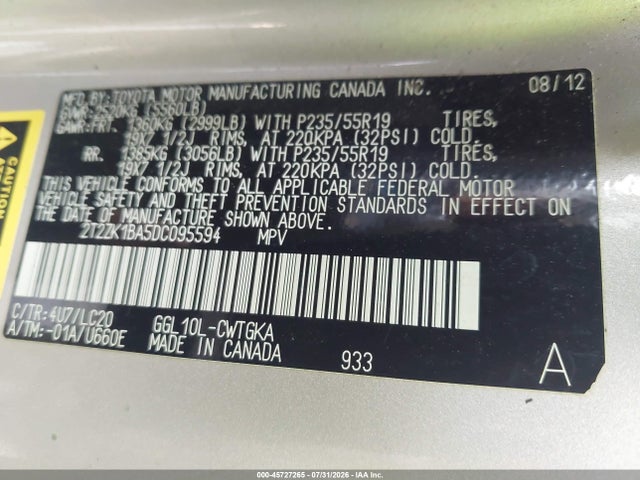 45727265 :رقم المزاد ، 2T2ZK1BA5DC095594 vin ، 2013 Lexus Rx 350 مزاد بيع