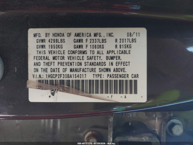 2011 Honda Accord 2.4 Lx მანქანა იყიდება აუქციონზე, vin: 1HGCP2F30BA154017, აუქციონის ნომერი: 45727270