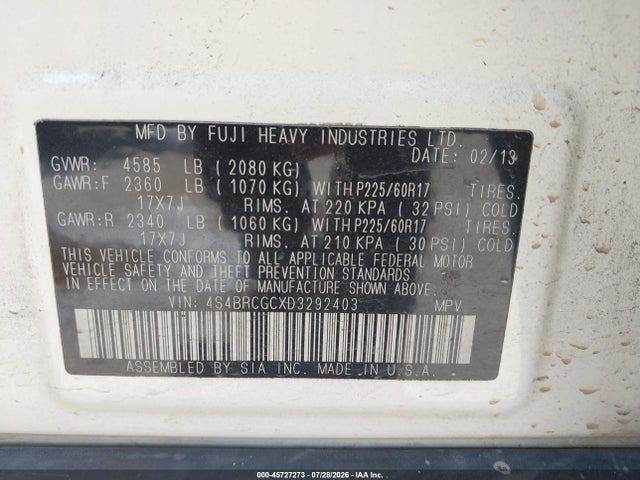 2013 Subaru Outback 2.5i Premium მანქანა იყიდება აუქციონზე, vin: 4S4BRCGCXD3292403, აუქციონის ნომერი: 45727273