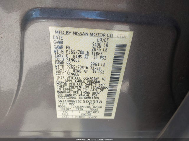 Продажа на аукционе авто 2006 Nissan Xterra S, vin: 5N1AN08W36C502938, номер лота: 45727295