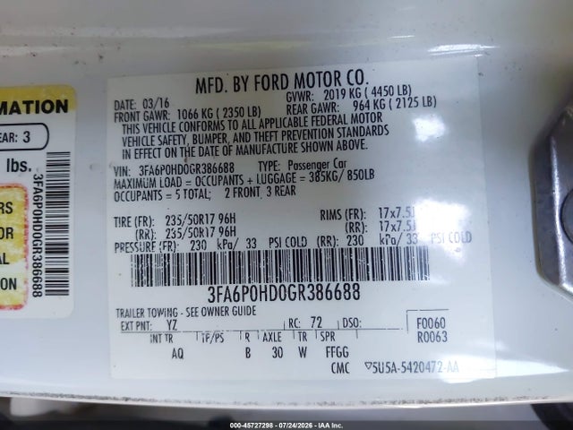 Ford FUSION SE 2016 3FA6P0HD0GR386688 Image 9