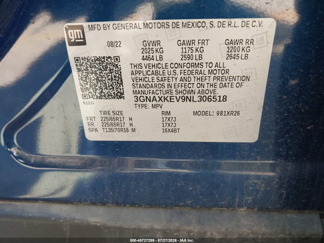 Auction sale of the 2022 Chevrolet Equinox Fwd Lt, vin: 3GNAXKEV9NL306518, lot number: 45727299