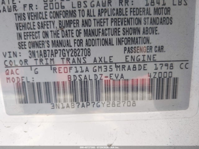 3N1AB7AP7GY282708 Nissan SENTRA SV