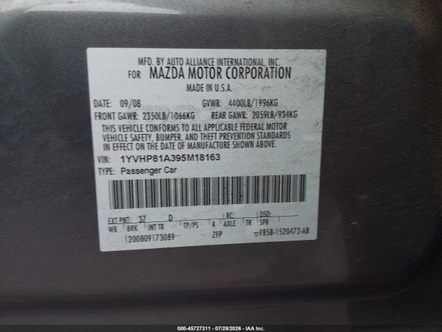 45727311 :رقم المزاد ، 1YVHP81A395M18163 vin ، 2009 Mazda 6 I مزاد بيع