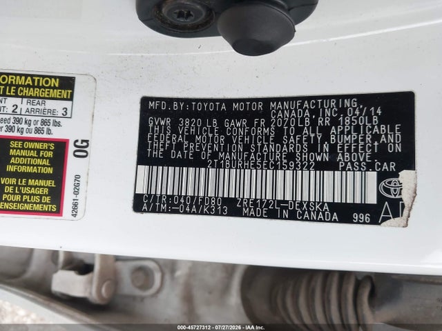 Aukcja sprzedaży 2014 Toyota Corolla S, vin: 2T1BURHE5EC159322, numer aukcji: 45727312