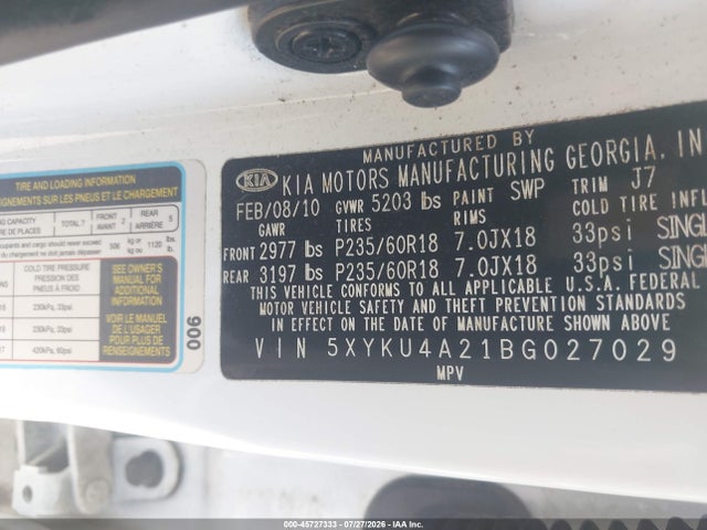45727333 :رقم المزاد ، 5XYKU4A21BG027029 vin ، 2011 Kia Sorento Ex V6 مزاد بيع