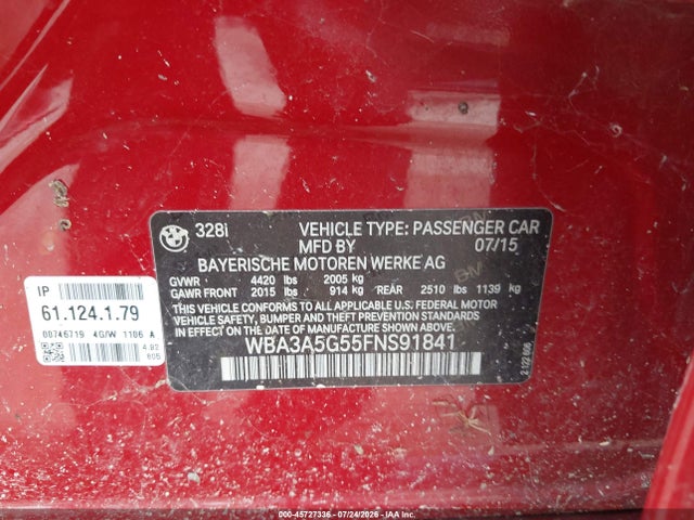 Aukcja sprzedaży 2015 Bmw 328i, vin: WBA3A5G55FNS91841, numer aukcji: 45727336