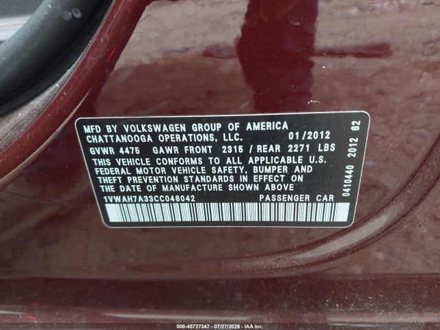 Aukcja sprzedaży 2012 Volkswagen Passat 2.5l S, vin: 1VWAH7A33CC048042, numer aukcji: 45727347