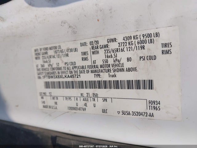 45727357 :رقم المزاد ، 1FTBW3X8XLKA45721 vin ، 2020 Ford Transit-350 Cargo Van مزاد بيع