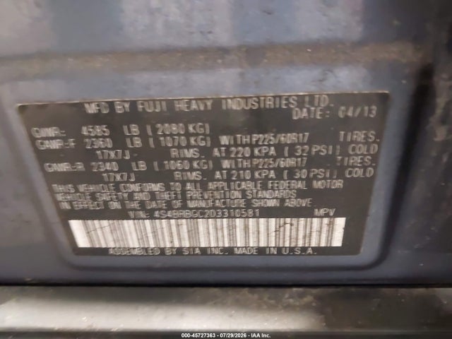 45727363 :رقم المزاد ، 4S4BRBGC2D3310581 vin ، 2013 Subaru Outback 2.5i Premium مزاد بيع