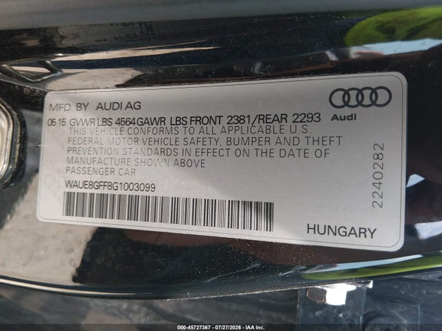 Aukcja sprzedaży 2016 Audi A3 2.0t Premium, vin: WAUE8GFF8G1003099, numer aukcji: 45727367