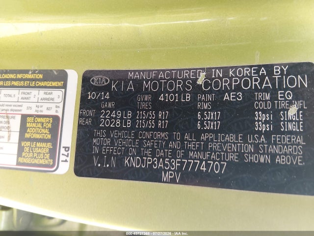KIA SOUL + 2015 KNDJP3A53F7774707 Image 9