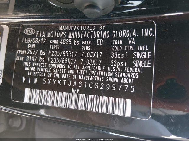 Продаж на аукціоні авто 2012 Kia Sorento Lx, vin: 5XYKT3A61CG299775, номер лоту: 45727373