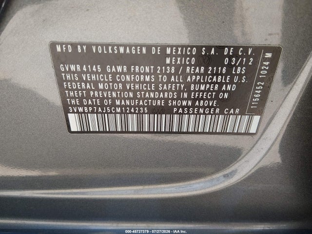 Продажа на аукционе авто 2012 Volkswagen Jetta 2.5l Se, vin: 3VWBP7AJ5CM124235, номер лота: 45727379